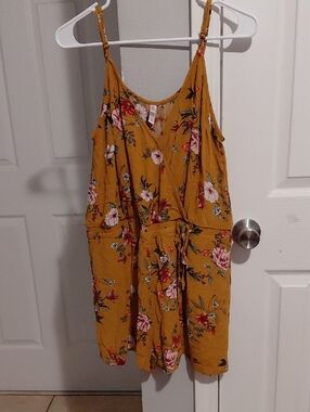 Xhilaration Mustard Floral Jumpsuit with Tie Waist